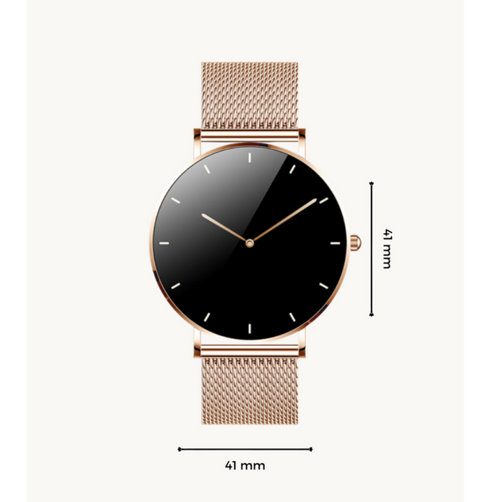 "Kompakte, elegante Smartwatch mit ultradünnem Design und Mesh-Armband, perfekt für jeden Stil, AMOLED-Display."