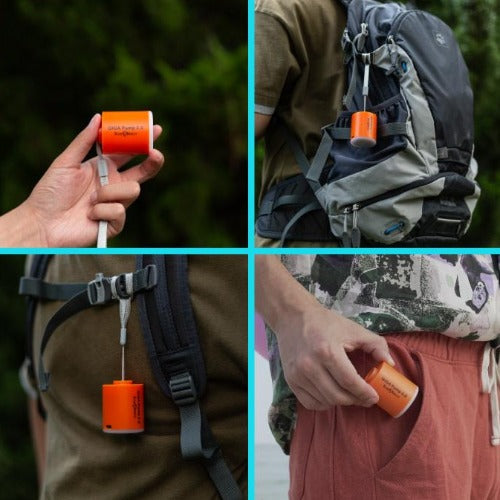 "Kompakte GIGA TurboPump, multifunktionale Luftpumpe und Taschenlampe, ideal für Camping-Abenteuer, tragbar und robust."