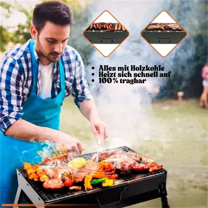 "Kompakter Edelstahl-Holzkohlegrill: faltbar, langlebig, ideal für Camping, Strand und Garten. Hochwertig und mobil."