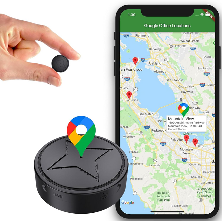 "Kompakter GPS-Tracker, schwarz, magnetisch befestigbar, für Echtzeitverfolgung. Klein, unauffällig, robustes Design."