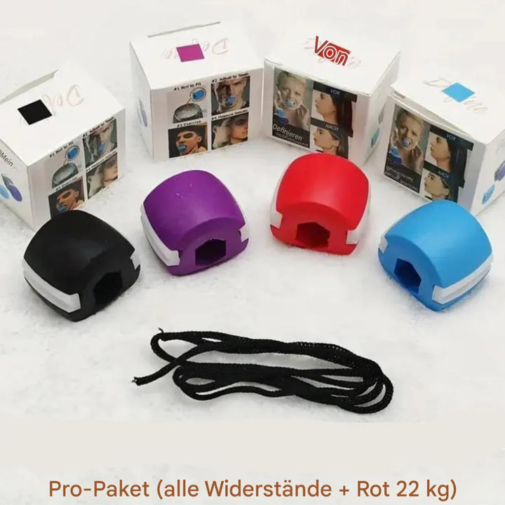 Kompakter Kiefertrainer aus Silikon, der mit Zubehör geliefert wird, ideal für gezielte Muskelaktivierung und Gesichtskonture