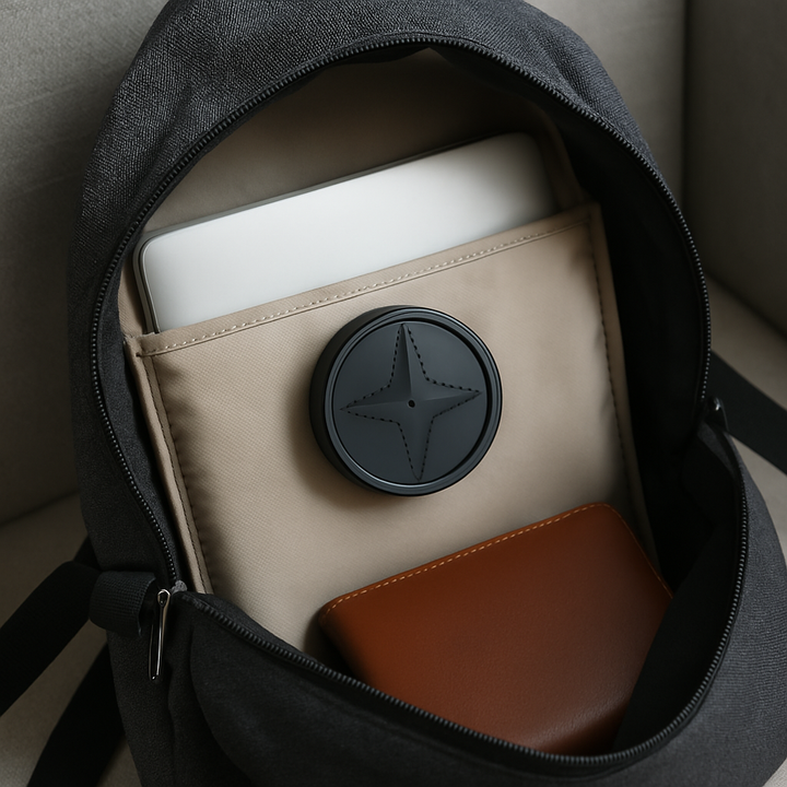 "Kompakter schwarzer GPS-Tracker mit starkem Magneten zur Echtzeit-Ortung von Fahrzeugen, Haustieren und Wertsachen."