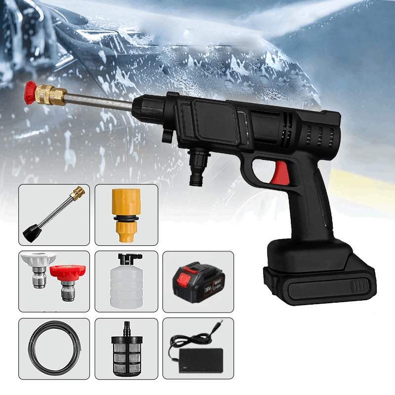 "Kompakter tragbarer Hochdruckreiniger beseitigt Schmutz, ideal für Auto- und Haushaltsreinigung; elektrisches Gerät in Aktio