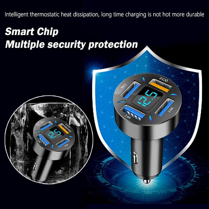 "Kompaktes 66W Autoladegerät mit USB PD und QC 3.0 für superschnelles Laden, Schwarz, passt in 12-24V Steckdosen."