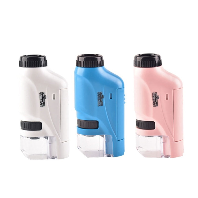 Kompaktes Kinder-Mikroskop in Blau, tragbar mit LED, ideal zum Entdecken von Insekten, Pflanzen und Steinen.