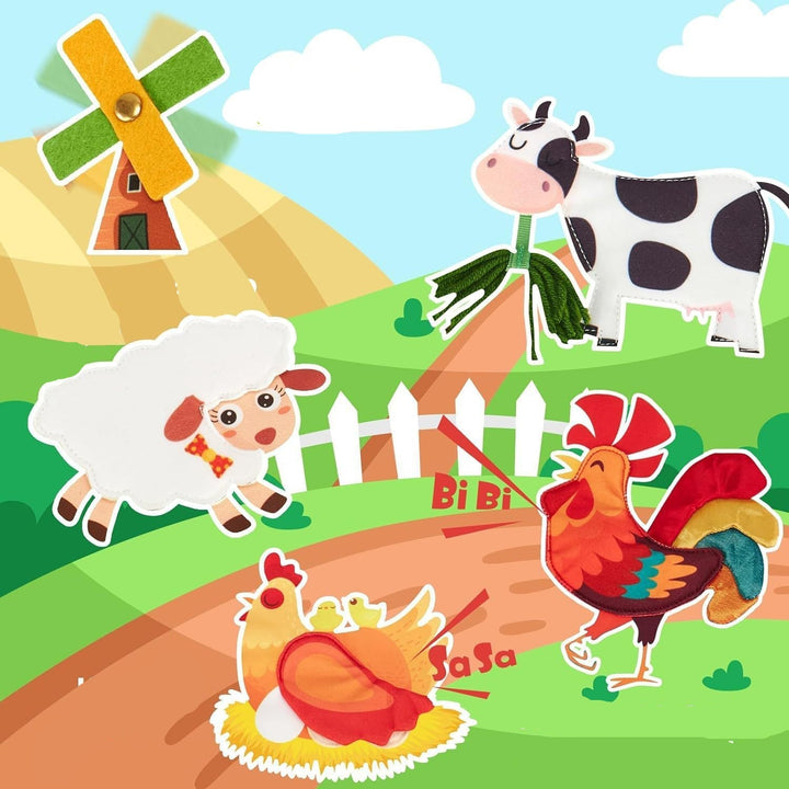 Kreatives Montessori Farm Geschichten Buch für Kinder mit farbenfrohen Tierillustrationen, die spielerisches Lernen fördern.