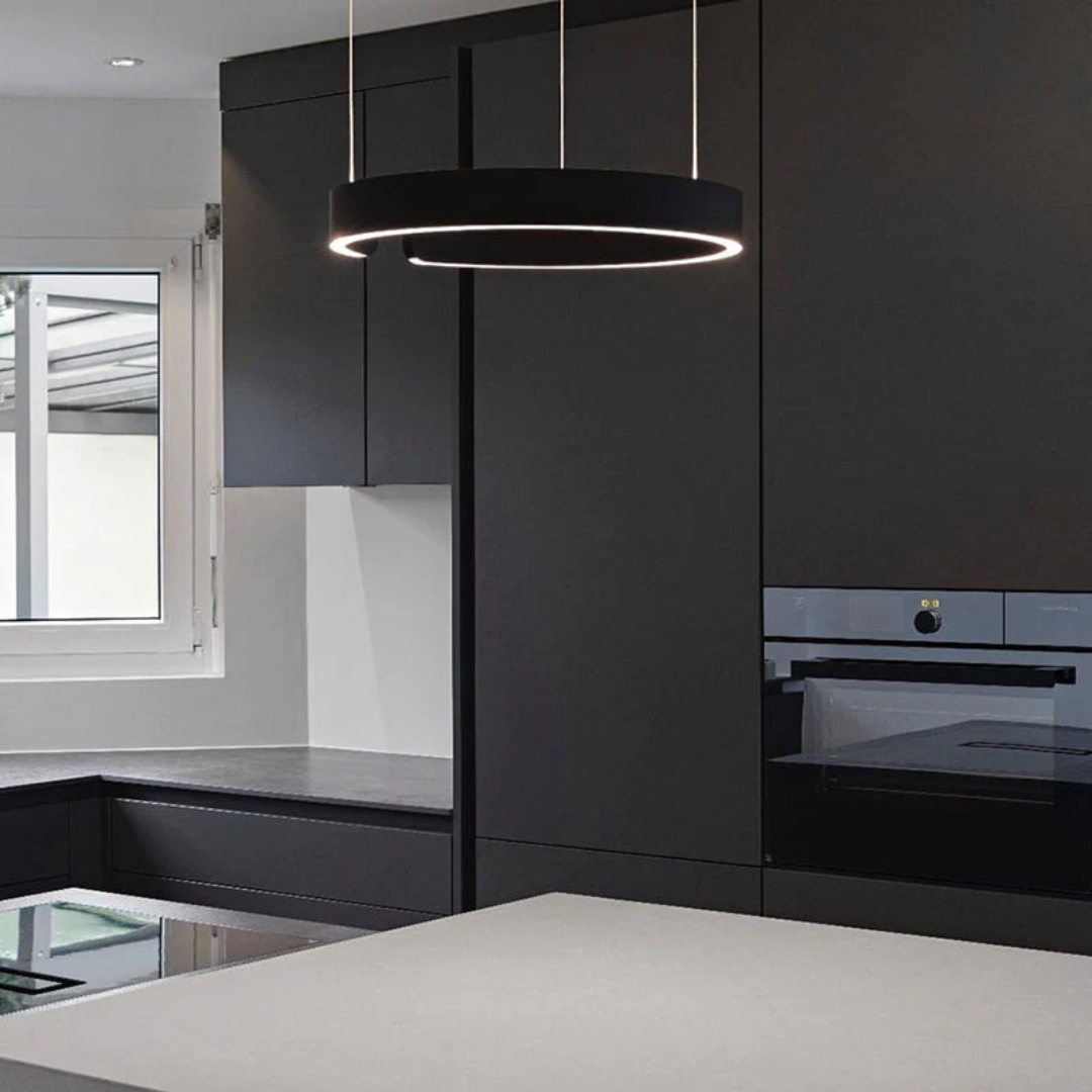 "Kreisförmige, dimmbare LED-Hängeleuchte in Schwarz, Weiß und Gold, aus hochwertigem Metall für Wohnzimmer und Esszimmer geei