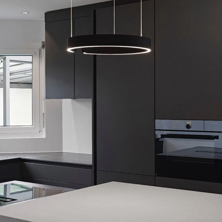 "Kreisförmige, dimmbare LED-Hängeleuchte in Schwarz, Weiß und Gold, aus hochwertigem Metall für Wohnzimmer und Esszimmer geei