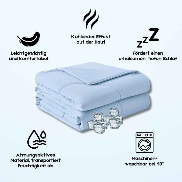 "Kühlende Sommerdecke mit atmungsaktivem Material, in zartem Aquamarin, ideal für heiße Nächte, feuchtigkeitsabsorbierend."