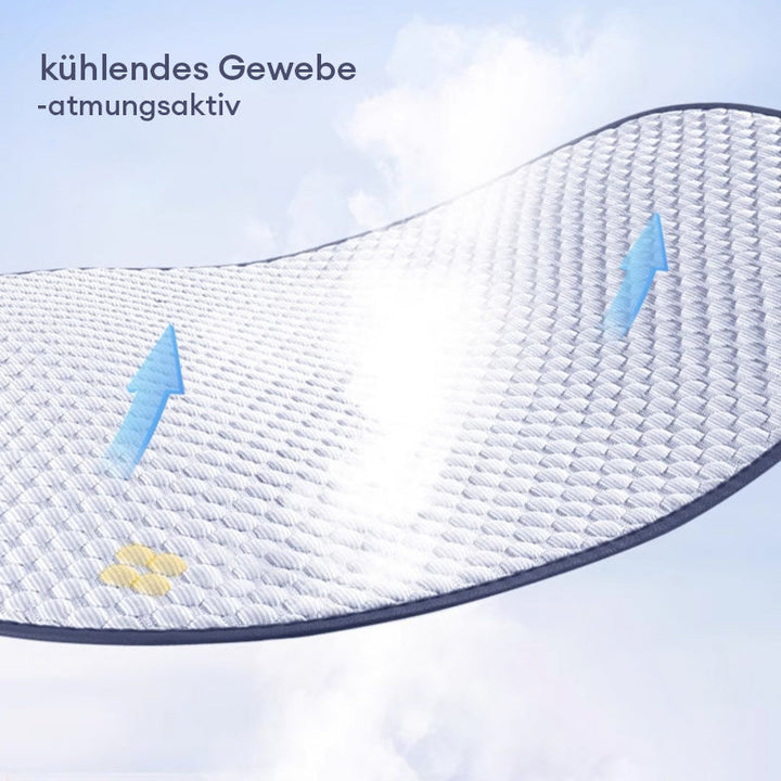 Kühlender Autositzschutz aus atmungsaktiver Eisseide, luxuriöses Design, ideal für Mensch und Tier, rutschfester Halt.