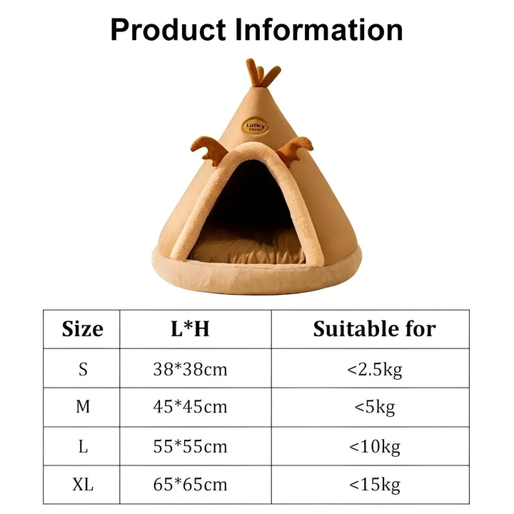 "Kuschelhöhle für Haustiere im Tipi-Design, weiche Polsterung, wärmespeichernd, gemütlicher Rückzugsort für Hunde und Katzen.