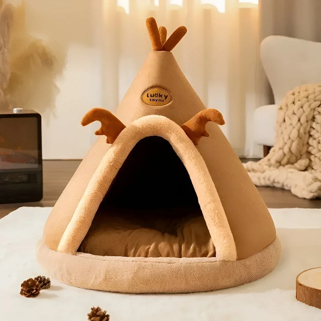 "Kuschelhöhle für Haustiere im Tipi-Design, weiche Polsterung, wärmespeichernd, gemütlicher Rückzugsort für Hunde und Katzen.