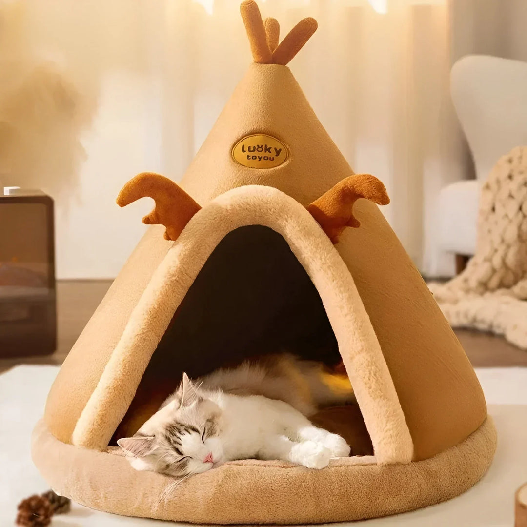 "Kuschelhöhle für Haustiere im Tipi-Design, weiche Polsterung, wärmespeichernd, gemütlicher Rückzugsort für Hunde und Katzen.