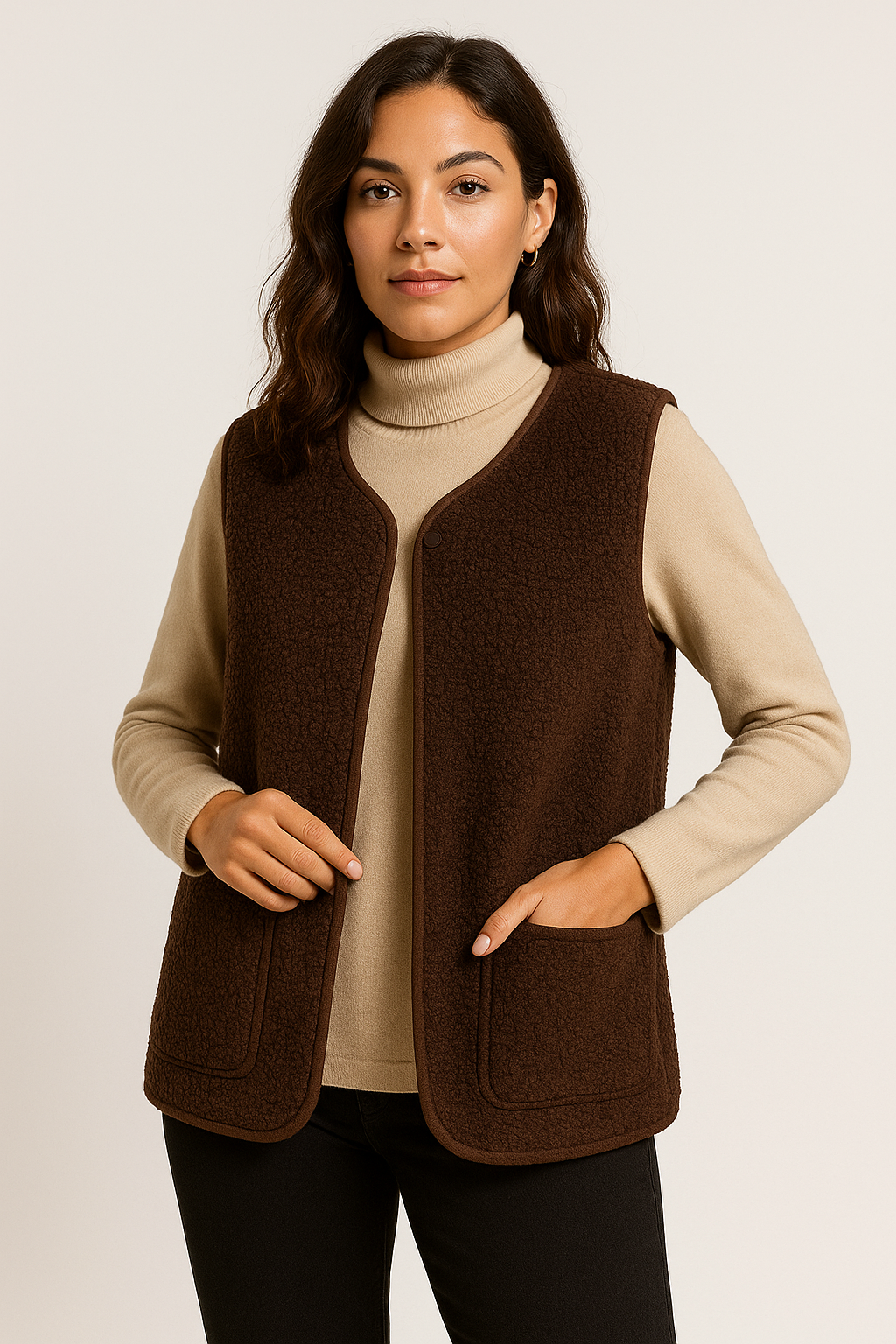 "Kuschelige Damen-Plüschweste in Beige für stilvolle Herbst- und Frühlingslooks, weiches Material, vielseitig kombinierbar."