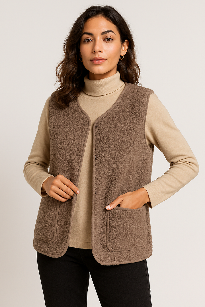 "Kuschelige Damen-Plüschweste in Beige für stilvolle Herbst- und Frühlingslooks, weiches Material, vielseitig kombinierbar."