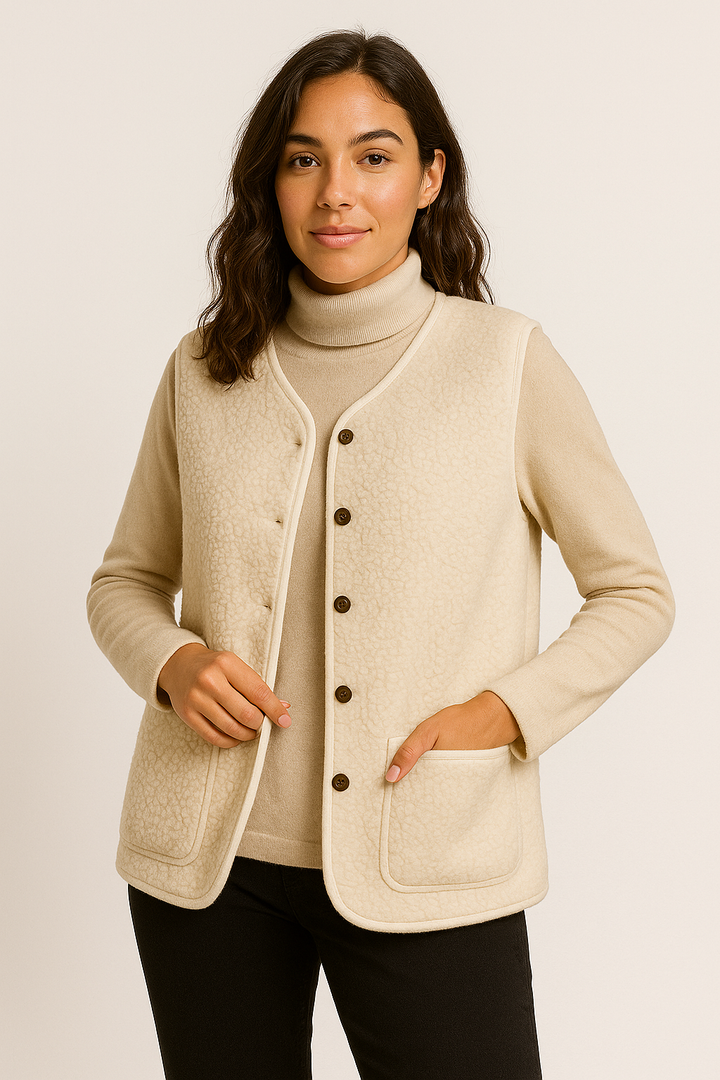 "Kuschelige Damen-Plüschweste in Beige für stilvolle Herbst- und Frühlingslooks, weiches Material, vielseitig kombinierbar."