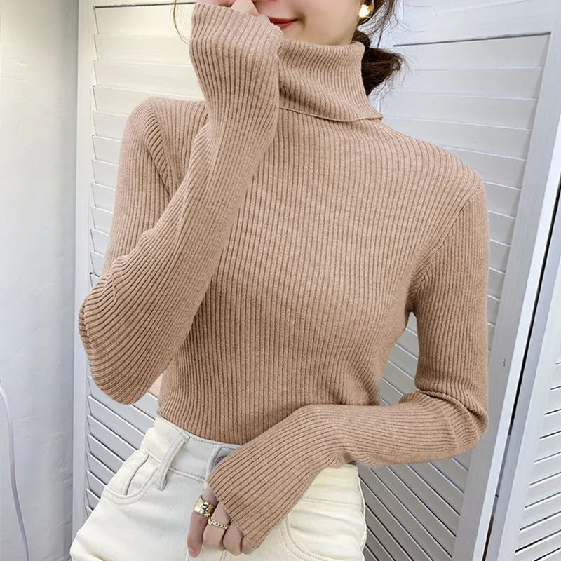 "Kuscheliger Damen Rollkragenpullover in Beige, elegant, ideal für Herbst/Winter, vielseitig kombinierbar für kalte Tage."