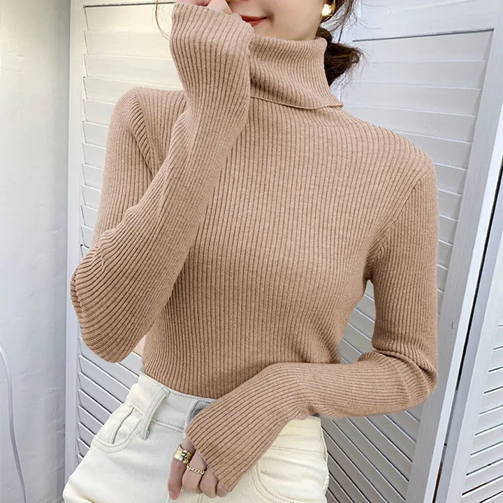 "Kuscheliger Damen Rollkragenpullover in Beige, elegant, ideal für Herbst/Winter, vielseitig kombinierbar für kalte Tage."