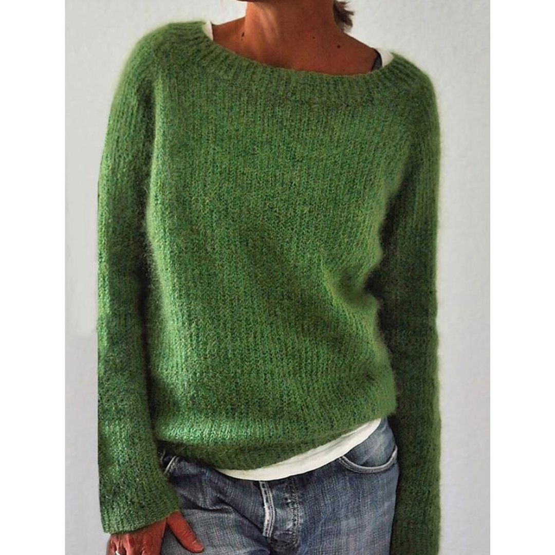 "Langärmliger Damen Strickpullover, warm und elegant, in Grün, ideal für kaltes Wetter, vielseitig kombinierbar."