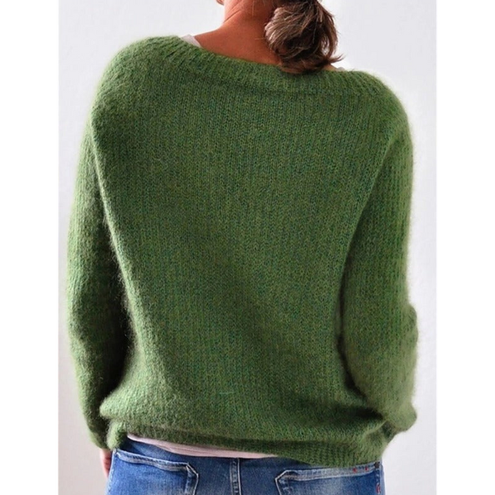 "Langärmliger Damen Strickpullover, warm und elegant, in Grün, ideal für kaltes Wetter, vielseitig kombinierbar."