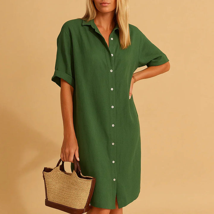 Versatile women's button-down shirtdress, relaxed fit, ideal for casual day wear and summer comfort.