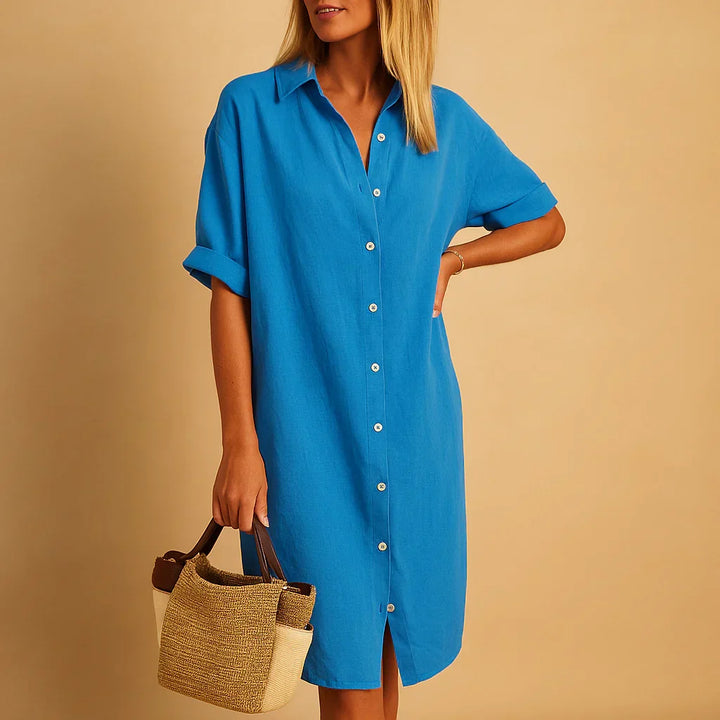 Plus size women's relaxed fit short sleeve button-down shirtdress, a comfortable and stylish spring dress.