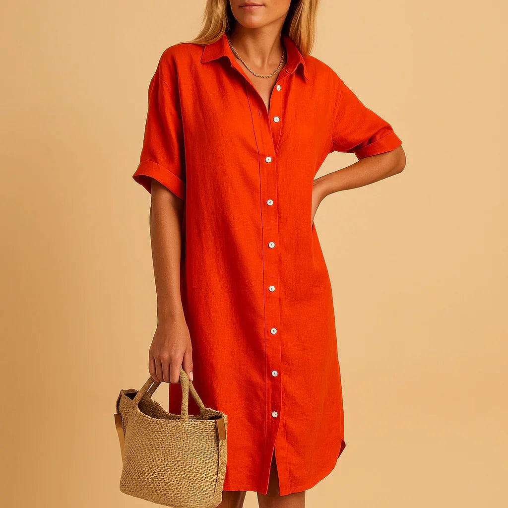 Effortless women's relaxed fit button-down shirt dress, short sleeve, great for versatile spring & summer fashion.