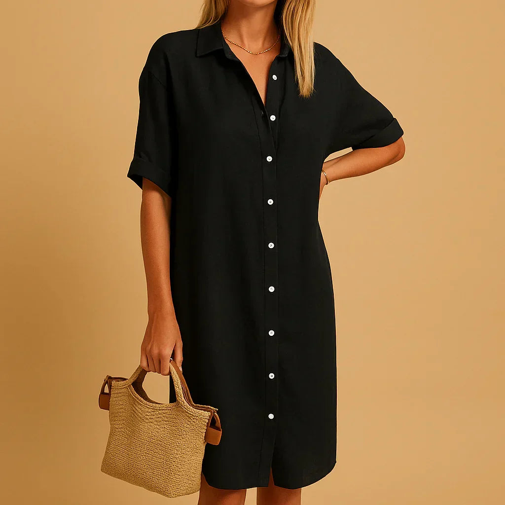Women's relaxed fit button-down shirt dress, short sleeve, perfect casual summer and spring fashion.