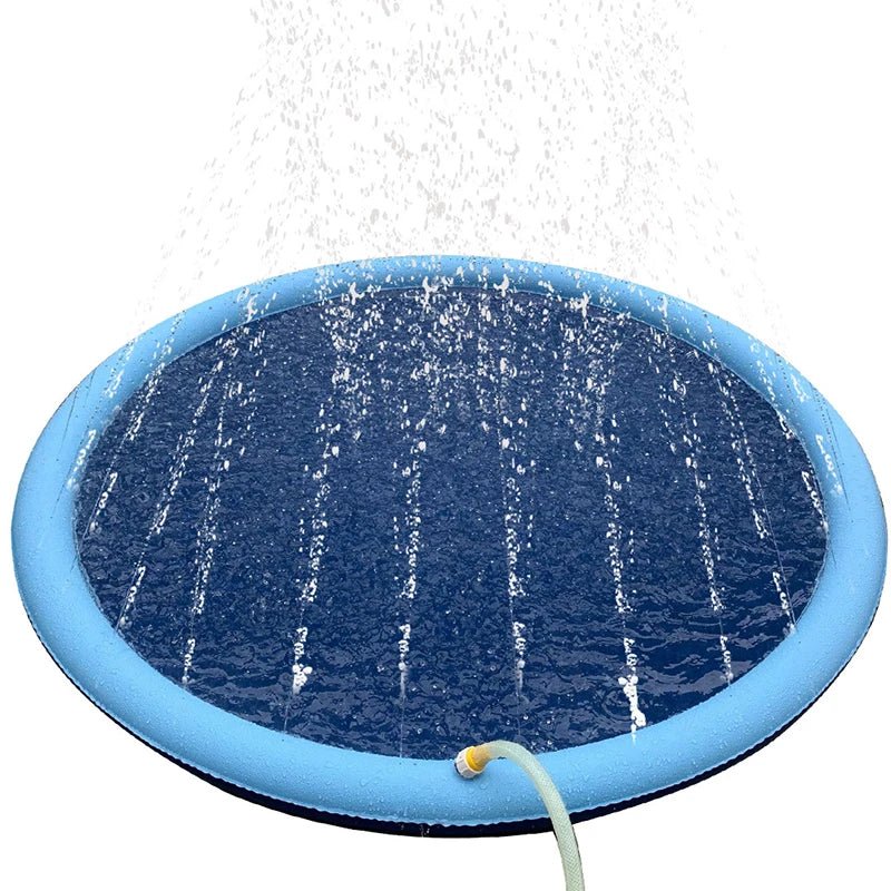 Happy dog playing in a large, portable eco-friendly pet splash pad fountain mat, offering refreshing summer outdoor fun.