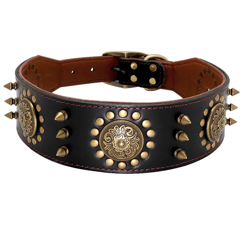 Heavy-duty large dog collar made of premium leather with eye-catching rivet and metal accents