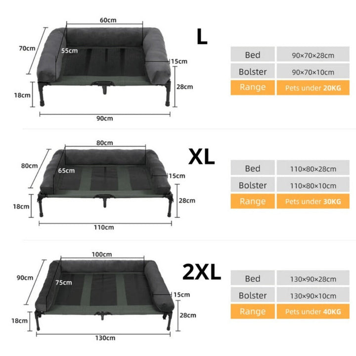 Washable cover on a large elevated bolster dog bed, designed for outdoor use too.