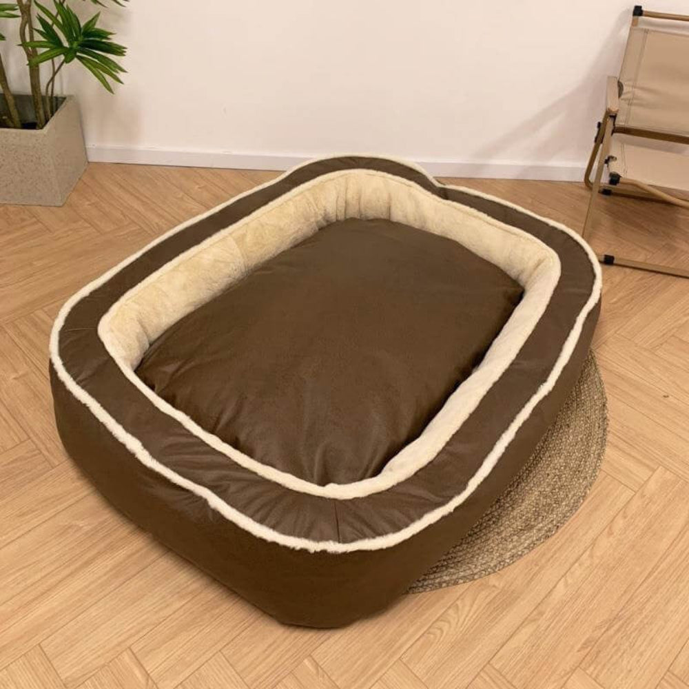 Orthopedic calming pet bed, washable cover, designed for deep sleep and dog comfort.