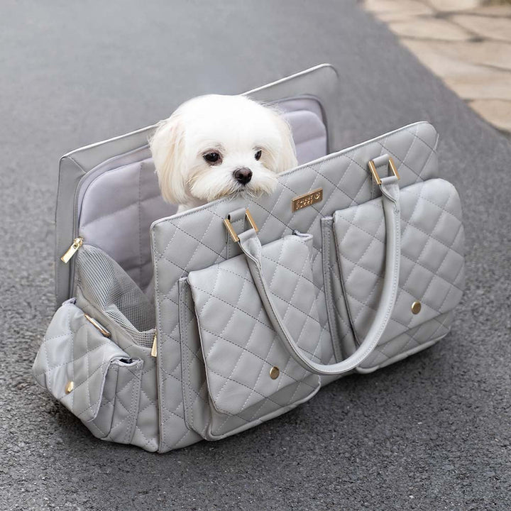 Portable pet travel bag with comfortable handles, brown, perfect for everyday errands
