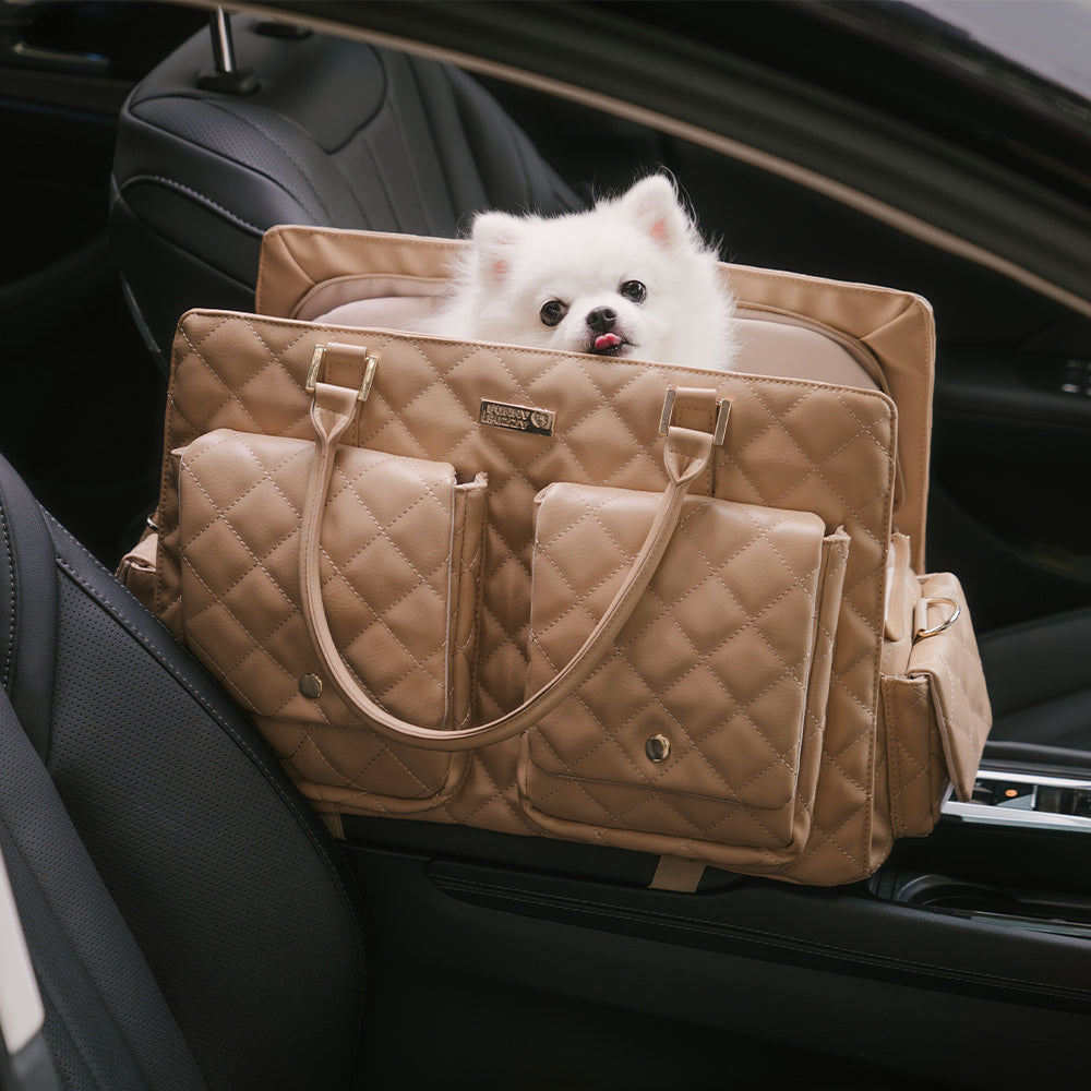 Stylish pet travel tote for dogs and cats, patterned fabric, with a spacious interior