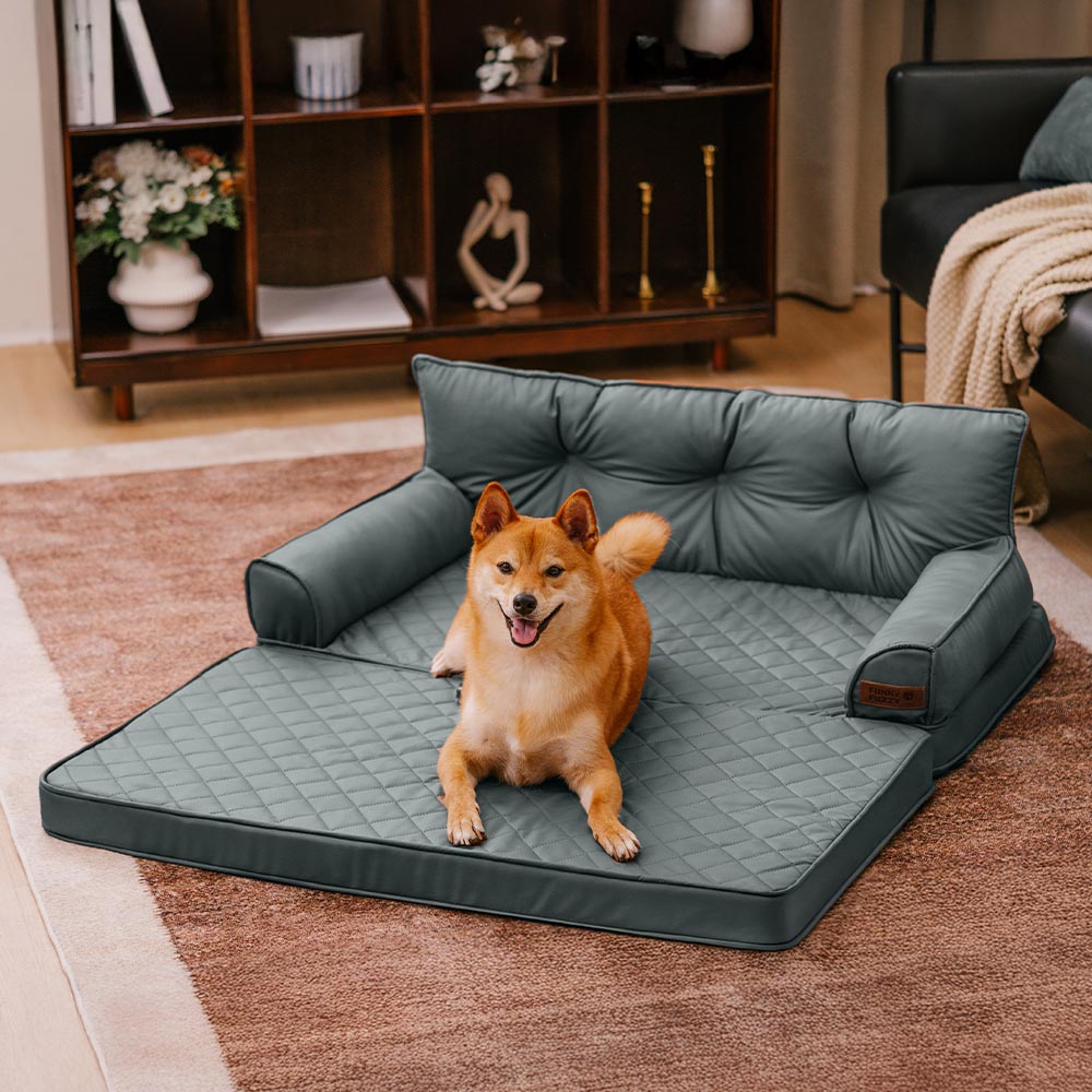 Comfortable large pet lounge in brown faux leather, orthopedic and foldable for convenience