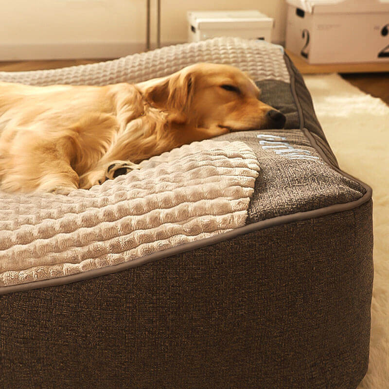Brown large orthopedic dog bed with a durable, scratch-resistant cover for pet comfort.
