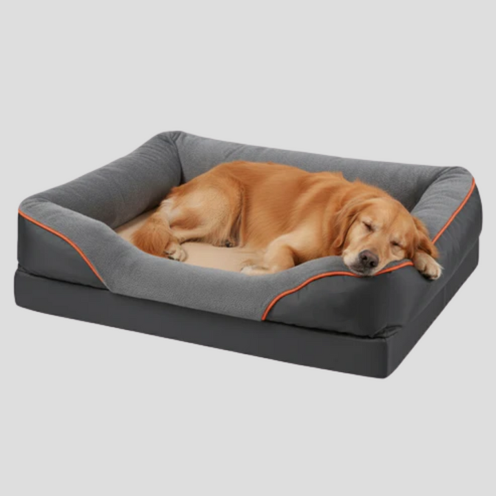 Thick, orthopedic pet bed designed for large dogs, featuring a washable zippered cover