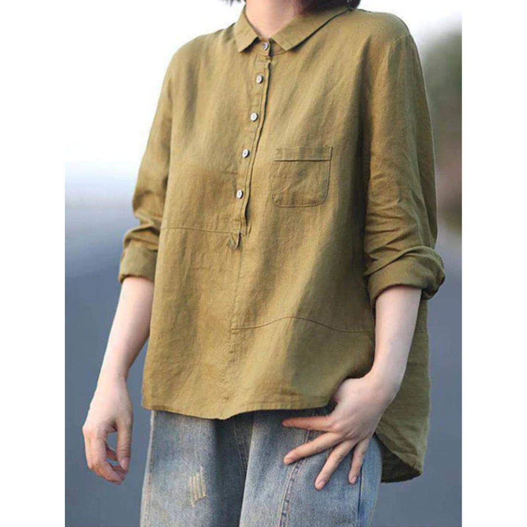 "Lässige Damen Langarmbluse mit Knöpfen, weicher Stoff, entspannte Silhouette, perfekter Übergang von Tag zu Nacht."