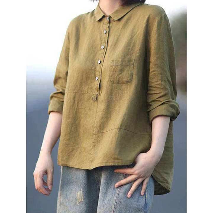 "Lässige Damen Langarmbluse mit Knöpfen, weicher Stoff, entspannte Silhouette, perfekter Übergang von Tag zu Nacht."