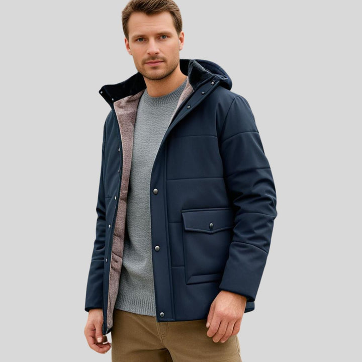 "Lässige Winterjacke mit Kapuze, wind- und wasserabweisend, schwarz, vielseitige Taschen, fleecegefüttert für Herren"