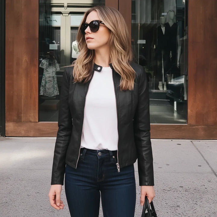 Chic women's fitted zip-up jacket in modern style, perfect for elegant casual and smart casual layering.