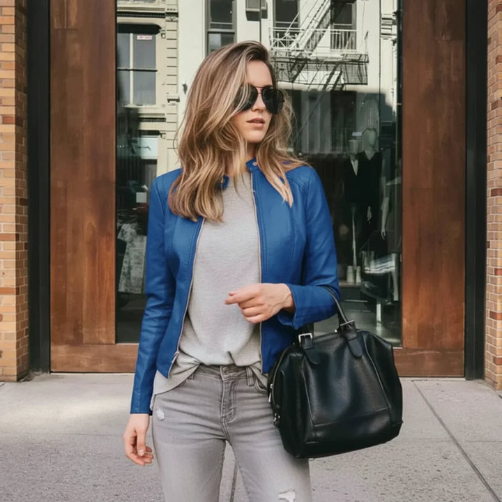 Fashionable women's fitted zip-up jacket, a modern classic style for versatile everyday and smart casual outfits.