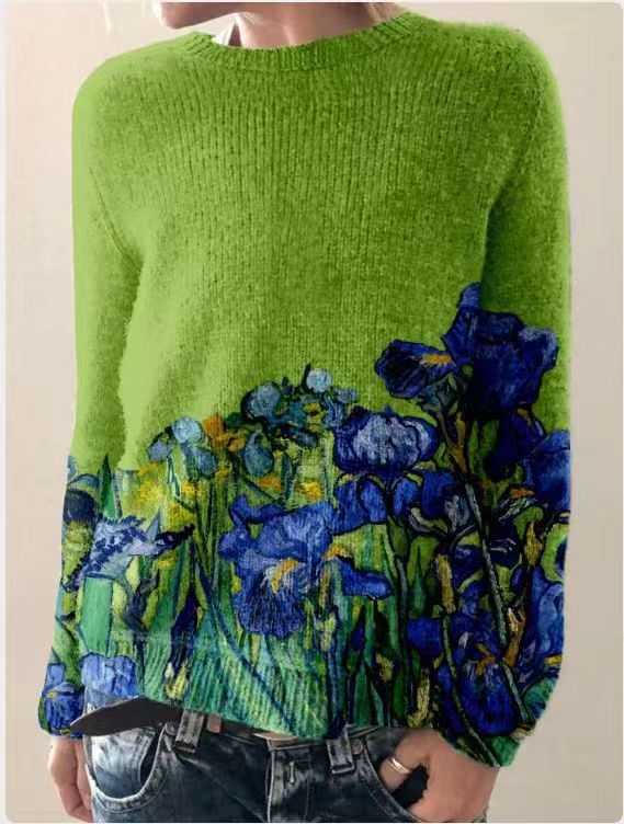 Lebendiger Damenpullover mit floraler Stickerei, auffällige Farben, gemütliche Passform, ideal für modische Frauen.