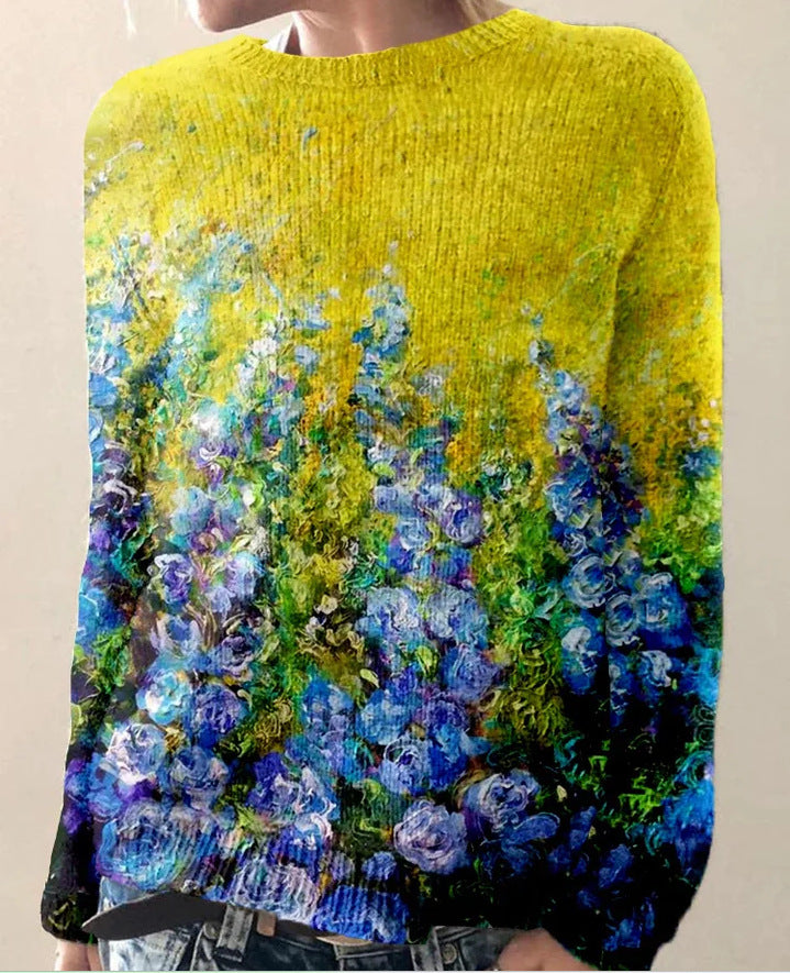 Lebendiger Damenpullover mit floraler Stickerei, auffällige Farben, gemütliche Passform, ideal für modische Frauen.