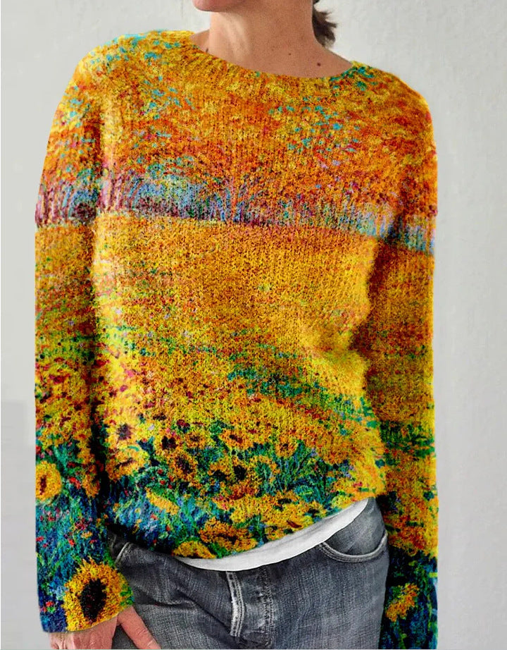 Lebendiger Damenpullover mit floraler Stickerei, auffällige Farben, gemütliche Passform, ideal für modische Frauen.