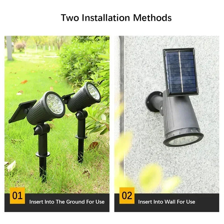 "LED Solar Gartenstrahler, wetterfest, fokussiertes Licht, perfekte Außenbeleuchtung. Ideal für Wege und Dekorationen."