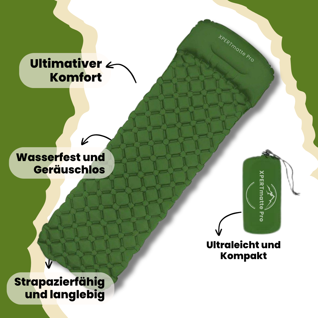 "Leichte aufblasbare Isomatte aus grünem nylon TPU, kompakt gefaltet, ideal fürs Camping und Wandern, XPERTmatte Pro."