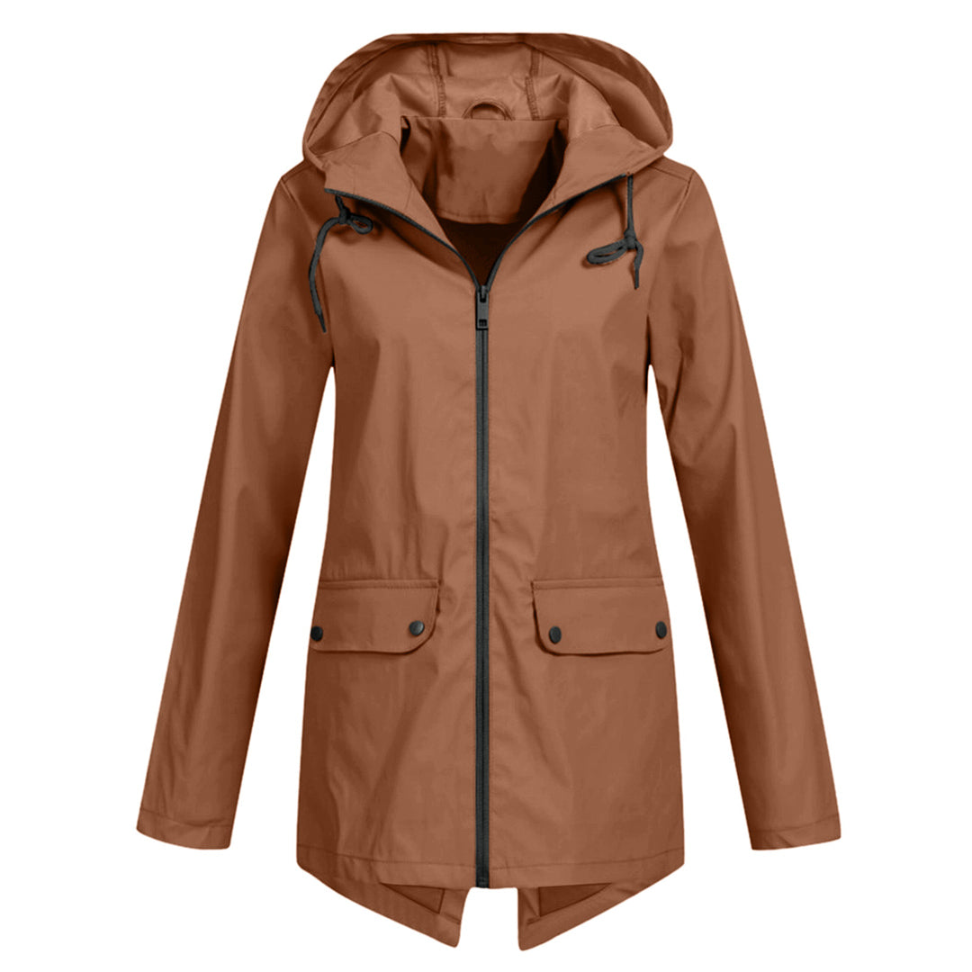 Leichte Damen Regenjacke in Apricot, wasserfest, stilvoll, hält trocken bei Regenwetter, eleganter Schnitt ideal für Alltag.