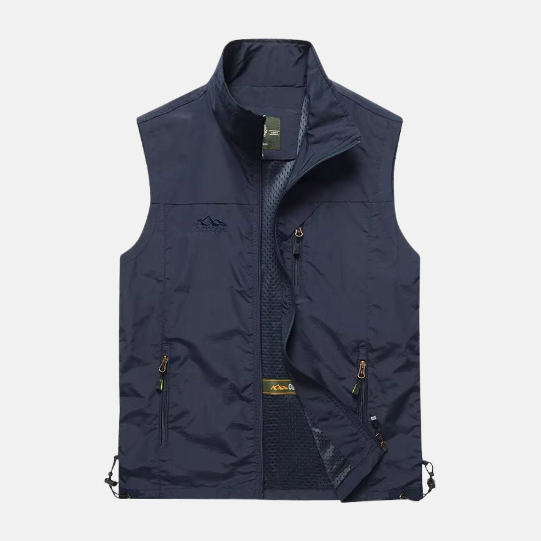 "Leichte Herren-Multifunktionsweste mit mehreren Taschen, ideal für Camping & Wandern in Marineblau oder Khaki."