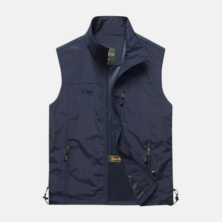 "Leichte Herren-Multifunktionsweste mit mehreren Taschen, ideal für Camping & Wandern in Marineblau oder Khaki."